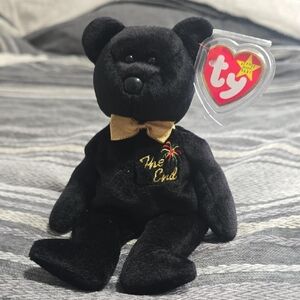 Collectible 1999 Ty Black Plush Bear "The End" with Gold Accents